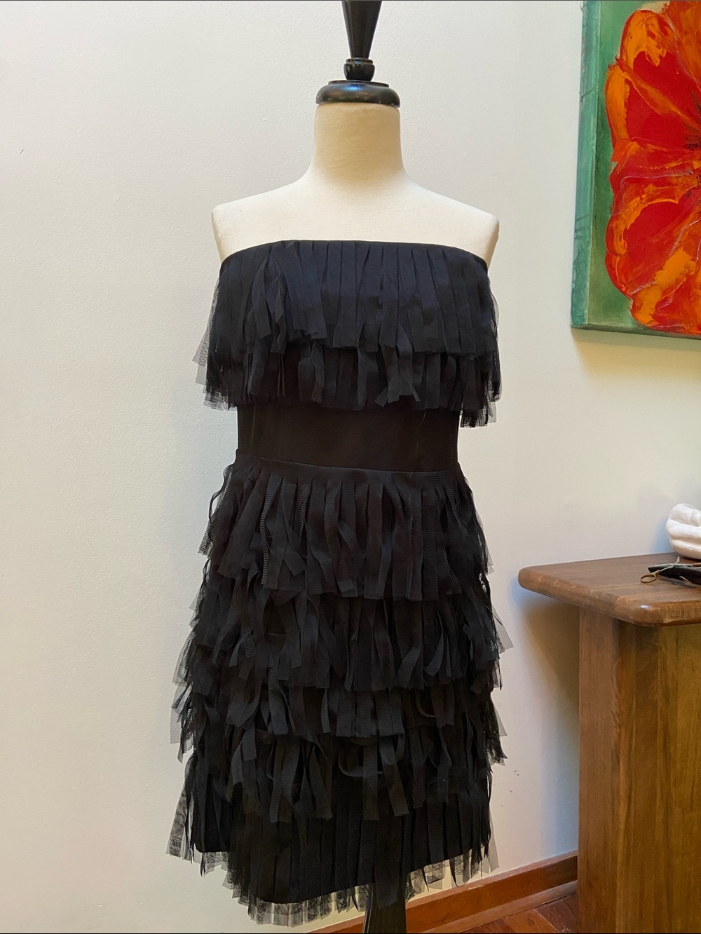 Ann Taylor Black Fringe Tiered Corset Strapless Cocktail Dress